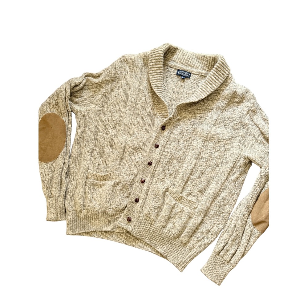 Vintage Lands End Mens XL Wool Blend Shawl Collar Cardigan Elbow Patch Oatmeal